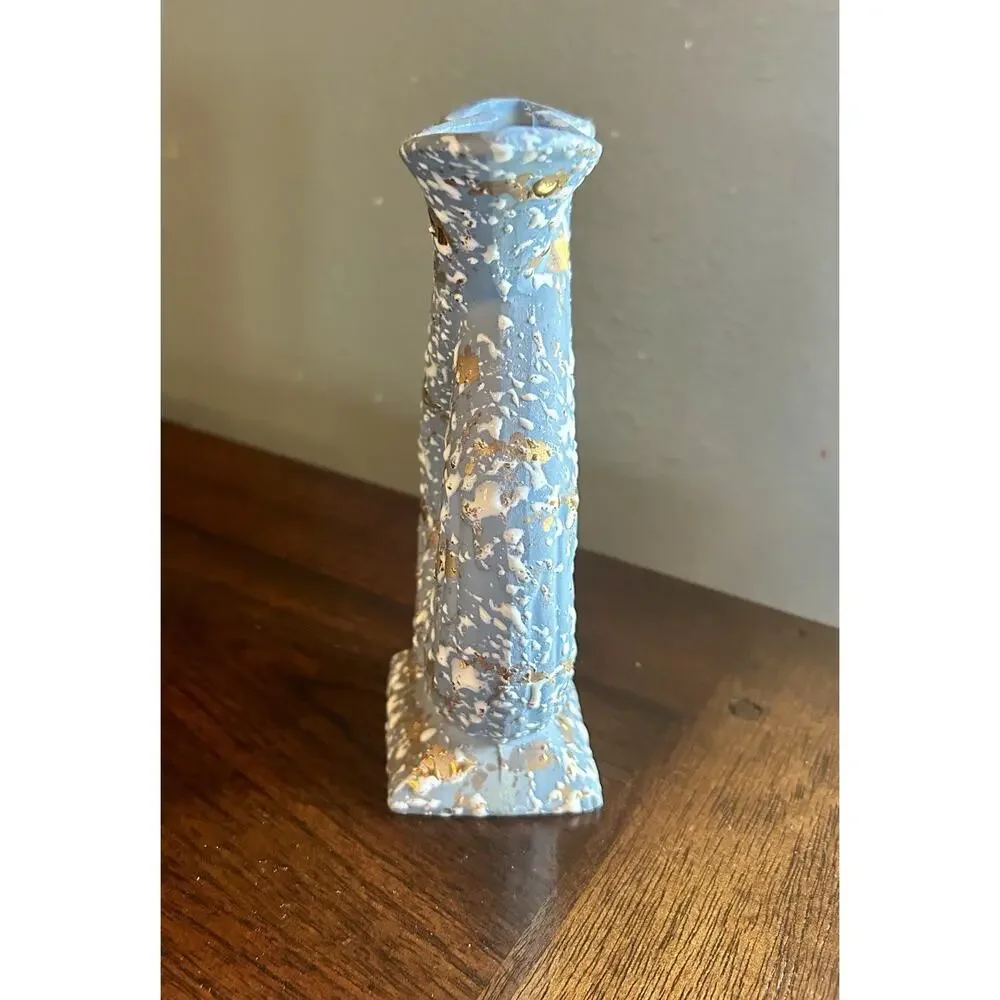 Mid-century modern blue splatter paint vase for double stems with white and gold